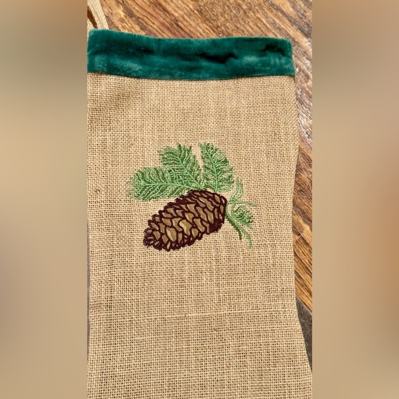 WISTERIA Jute & Green Velvet Embroidered Pinecone Christmas Stockings Set of 6 - Picture 13 of 17